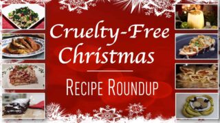 Against a festive backdrop a number of photographs are shown. Each photograph contains a glorious vegan festive meal. In large letters, across the center the words “Cruelty-free Christmas recipe roundup.”