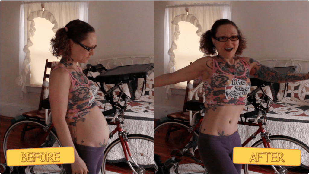A comic "Before" workout and "After" workout shot of Emily Moran Barwick of Bite Size Vegan 