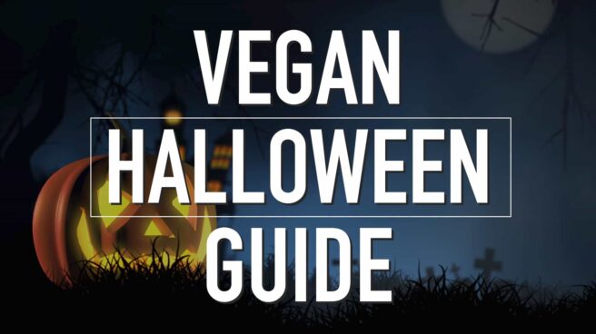 The text "Vegan Halloween Guide" centered over an image of a jack-o'-lantern in a cemetery at night.