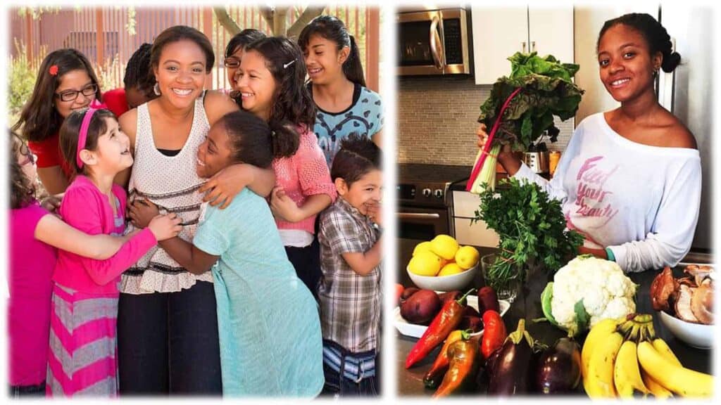 The image is in two halves. Haile Thomas, health advocate and the founder of the Happy Organization is in both halves. On the left she is smiling and surround by happy children. On the right Haile, again smiling, is seated surround by a bounty of colorful fruit and vegetables.