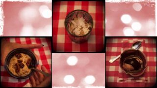 In close-up, three different images are shown. Each image displays a different flavour of vegan ice cream.