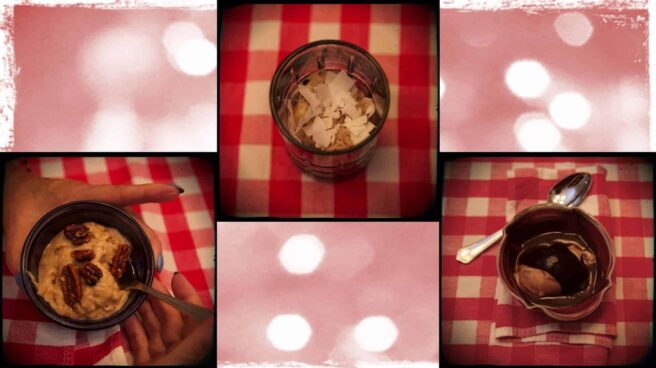 In close-up, three different images are shown. Each image displays a different flavour of vegan ice cream.