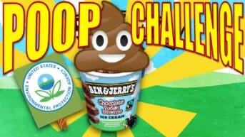 Arching across the top in large yellow lettering are the words “Poop Challenge”. They are separated slightly but the image of a Ben and Jerry’s “Chocolate Fudge Brownie” ice cream carton. On the top of the carton is a large poop emoji. To the left of the carton is a lawn sign with United States Environmental Protection Agency insignia upon it.