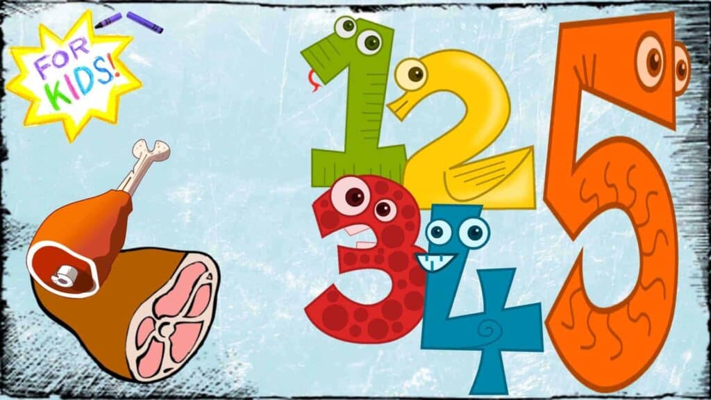 A white and yellow star is shown in the top left-hand corner. The appearance is one rendered in crayon. Across the center of the star are the words “For Kids”. Below the star are two cartoon “meat” cuts. On the right, in bright colors are the numbers one to five in cartoon form.