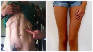 The image shows is split in two. On the left is a close-up of a person with washboard abs. On the right a close-up of someone with very slender legs.