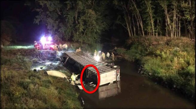 A livestock transport truck overturned on its side in a river, surrounded by rescue workers; an emergency vehicle with its lights on is in the river behind the truck, illuminating the night.