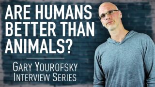 Author and vegan activist Gary Yourofsky is shown along side the words “Are humans better than animals? - Gary Yourofsky interview series”