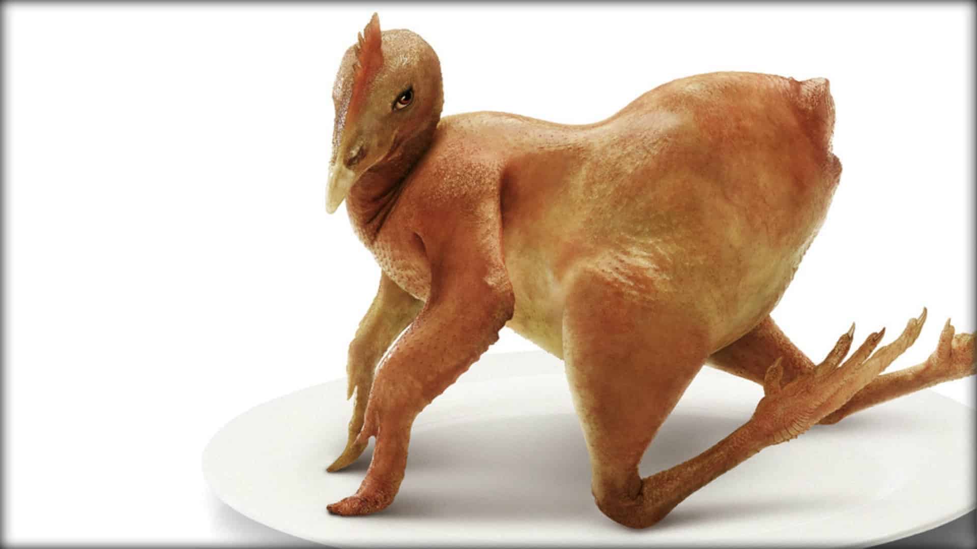 The image shows a whole, dead, chicken. Its feathers have been removed and it’s flesh roasted. It is posed in such a way that it might appear alluring.