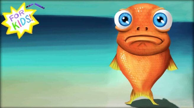 A cartoon goldfish with sad eyes and downturned mouth is stood upright. Using the tips of its tail as feet. It is looking directly into the camera. In the top left hand corner is a yellow and white star, rendered in crayon with the words “For Kids” across the center.