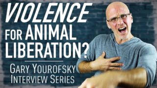Author and vegan activist Gary Yourofsky is shown along side the words “Violence for animal liberation? - Gary Yourofsky interview series”