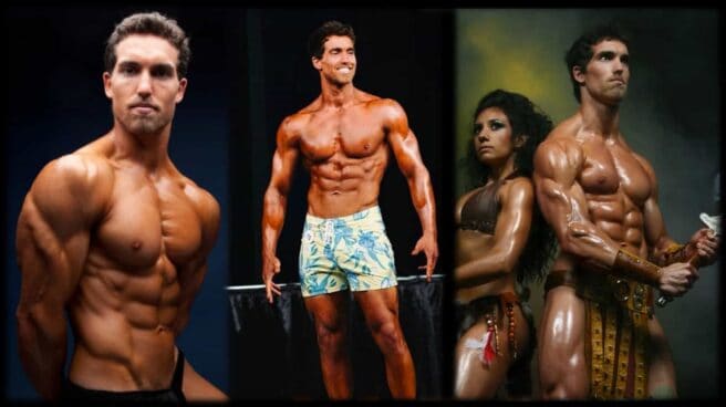 Body builder Derek Tresize is shown three times. In the last he is along side his wife Marcella Torres, who is also a body builder. In each of the images, Derek is in a bodybuilding pose. In the last image, Derek is back to back with his wife as they both strike a pose.