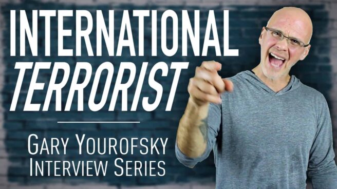 Author and vegan activist Gary Yourofsky is shown along side the words “International Terrorist - Gary Yourofsky interview series”