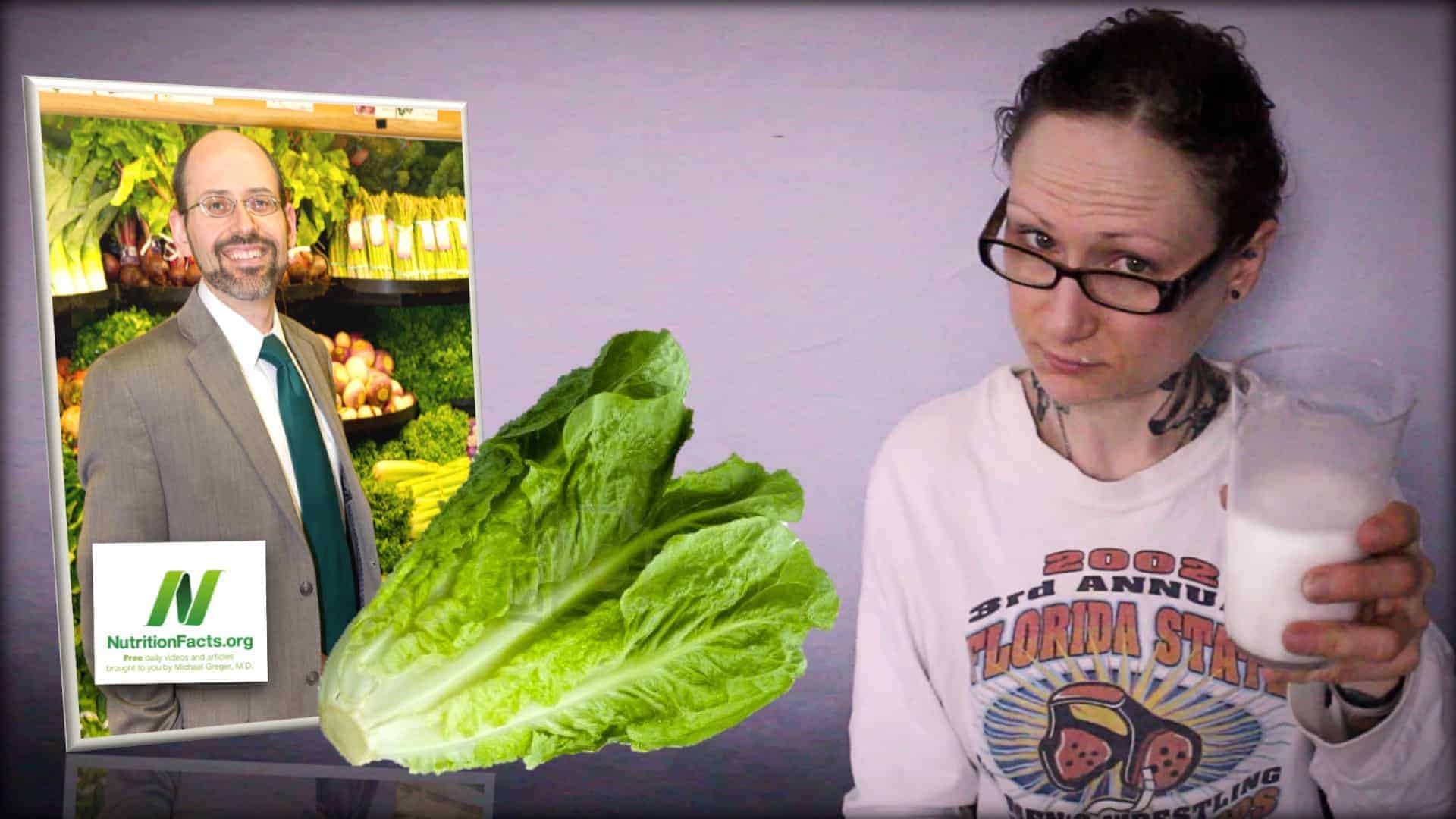 Dr. Greger of NutritionFacts.org is seen as an inset photograph on the left. In the center is an image of a vibrant lettuce. On the right is an image of Emily Moran Barwick of Bite Size Vegan holding a glass of milk.