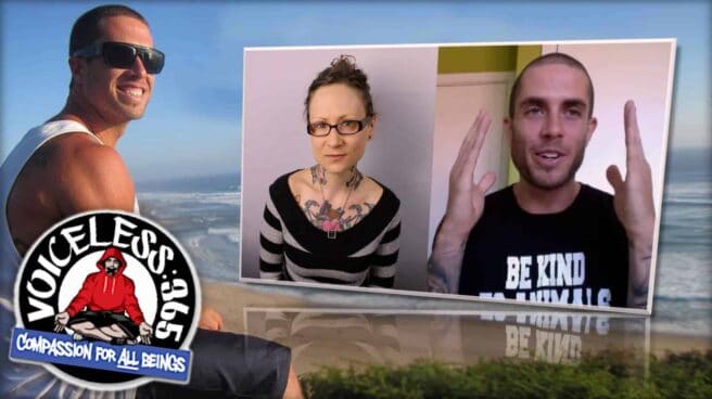 James Aspey of voiceless 365 is shown twice. In the first image he is shown sitting outdoors. The Voiceless 365 logo is overlaying his lower half. In the second image, he is shown along side Emily Moran Barwick of Bite Size Vegan. The two appear to be taking part in a web based conversation using web cams.
