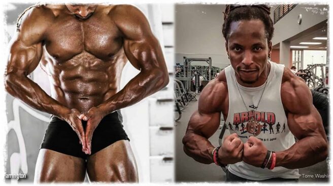 Pro Bodybuilder Torre Washington is shown twice. On the left he is on stage in a bodybuilding pose. The solid muscles of his torso and arms on display. On the right, he is in the gym, his arms curled showing highly defined and sculptured arm muscles.