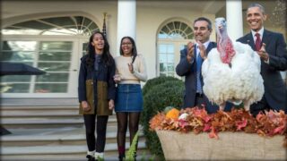 President Obama stands with his family and a member of staff in front of the White House. They applaud. In the foreground is the turkey they decided not to kill.