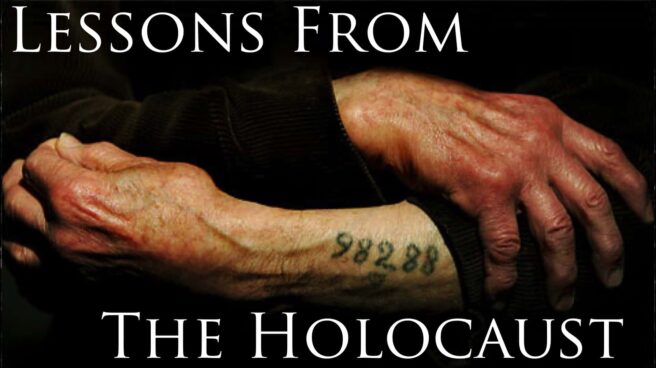 Against a dark background, a person is shown in close up. Only the lower half of their crossed arms are visible. The sleeve of one arm is pulled up slightly revealing a tattooed identification number on their forearm. Split across the image, top and bottom, are the words “Lessons from the holocaust” in large white letters.