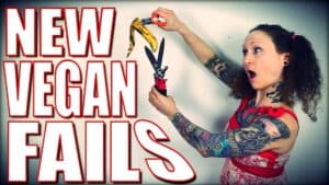 Emily holding an old partially peeled banana with pliers while chopping it with a pair of sheers. Large white text that says New Vegan Fails outlined in red