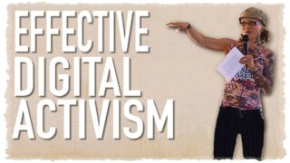 Emily Moran Barwick of Bite Size Vegan is shown on stage with a microphone to her mouth. Along side in large letters are the words: “Effective digital activism.”