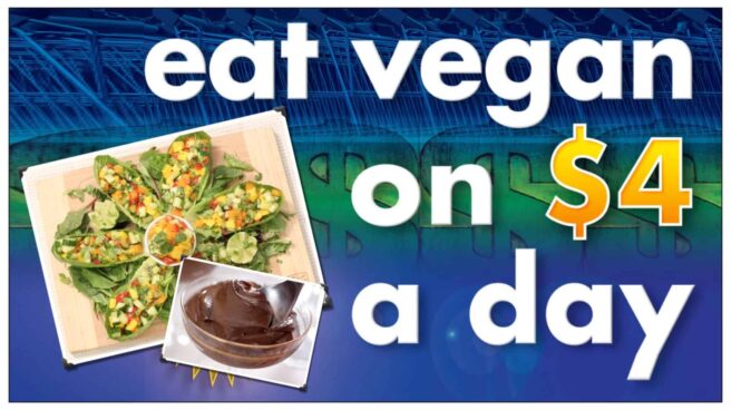 The image has a blue green background. In large white letters are the words “Eat vegan on $4 a day”. The $4 is in gold. In the lower left corner are two photographs. The larger shows a delicious looking vegan meal of diced fruits and vegetables on a bed of green leaves. The smaller photograph, at an angle and partially covering the first, is of a delightful chocolate mousse.