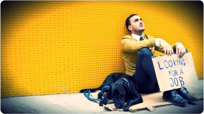 A smartly dressed person holding a handwritten sign with "Looking for a job" written upon it, sitting atop a piece of cardboard on the sidewalk along side a beautiful black dog.