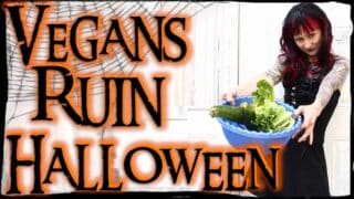 Emily Moran Barwick of Bite Size Vegan wearing a black wig with red streaks, black lipstick, and a black dress, extendng a bowl of lettuce towards would-be trick-or-treaters next to the text "Vegans Ruin Halloween"