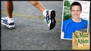 A close-up of a person’s feet in running shoes are shown in the process of running on tarmac. An inset photograph of Matt Frazier, founder of the virally popular blog No Meat Athlete is shown on the right. Below is the No Meat Athlete logo.