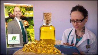 Dr. Greger of NutritionFacts.org is seen as an inset photograph on the left. In the center is a bottle of cod liver pills and some cod liver oil tablets. On the right is an image of Emily Moran Barwick of Bite Size Vegan wearing a doctors coat, complete with stethoscope entering data into a tablet computer.