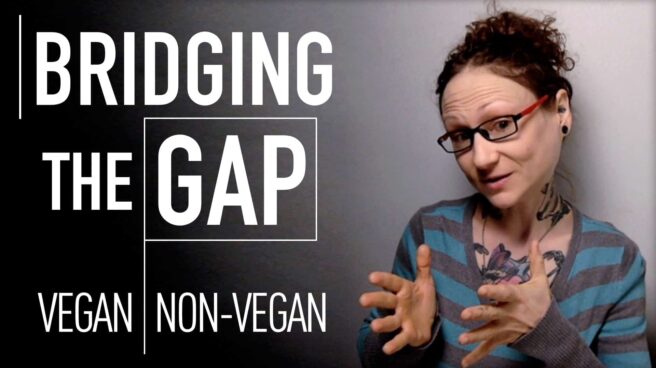 Emily Moran Barwick of Bite Size Vegan is shown holding her arms up as if indicating a gap size. To the left of her are the words: ” Bridging the gap. Vegan Non-vegan”