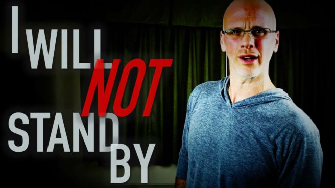 Author and vegan activist Gary Yourofsky is shown along side the words “I will not stand by”