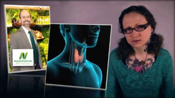 Dr. Greger of NutritionFacts.org is seen as an inset photograph on the left. In the center is an image of a translucent human in blue with the thyroid gland highlighted in pink. On the right is an image of Emily Moran Barwick of Bite Size Vegan.