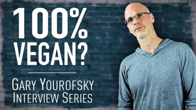 Author and vegan activist Gary Yourofsky is shown along side the words “100% vegan? - Gary Yourofsky interview series”