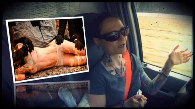 Emily Moran Barwick of Bite Size Vegan is shown twice. The first image is a screen capture of an earlier video were she was branded as a protest against the same practice being done on cattle. This image overlays an image of Emily in a car. She appears to be talking to someone.