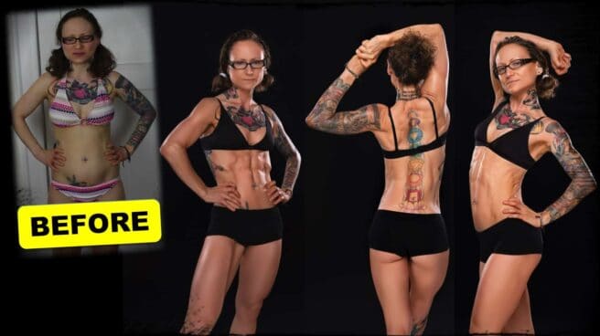 Emily Moran Barwick of Bite Size Vegan is shown four times from her knees upward. The first image shows Emily in a bikini with the word “before” below it. Emily is reasonably toned but does not display hard muscle. The other three images are similar in nature. In each, a later version of Emily is shown in a bodybuilding pose. Her magnificent physique is displayed to its best effect. Her muscles are hard and well defined.