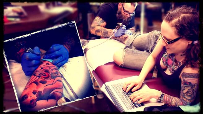 Emily Moran Barwick of Bite Size Vegan is shown reclining on tattoo artist Sean Wilcox’s tattoo table. While Sean is seen inking a new creation on Emily’s calf, Emily types away at a computer keyboard. An inset image of the partially completed tattoo is shown.