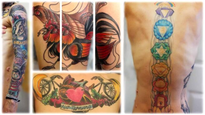 Various aspects of Emily Moran Barwick, of Bite Size Vegan, body are shown in close-up. In each, a beautiful and colorful tattoo can be seen.