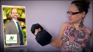 Dr. Greger of NutritionFacts.org is seen as an inset photograph on the left. On the right, Emily Moran Barwick of Bite Size Vegan is seen carrying out an arm curl with a large iron dumbbell.