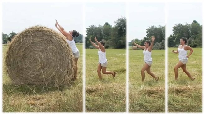 The image shows Renee, a friend and fellow bulldog-lover of Emily Moran Barwick of Bite Size Vegan. In four images, Renee can be seen as she attempts to jump over a large hay bail.