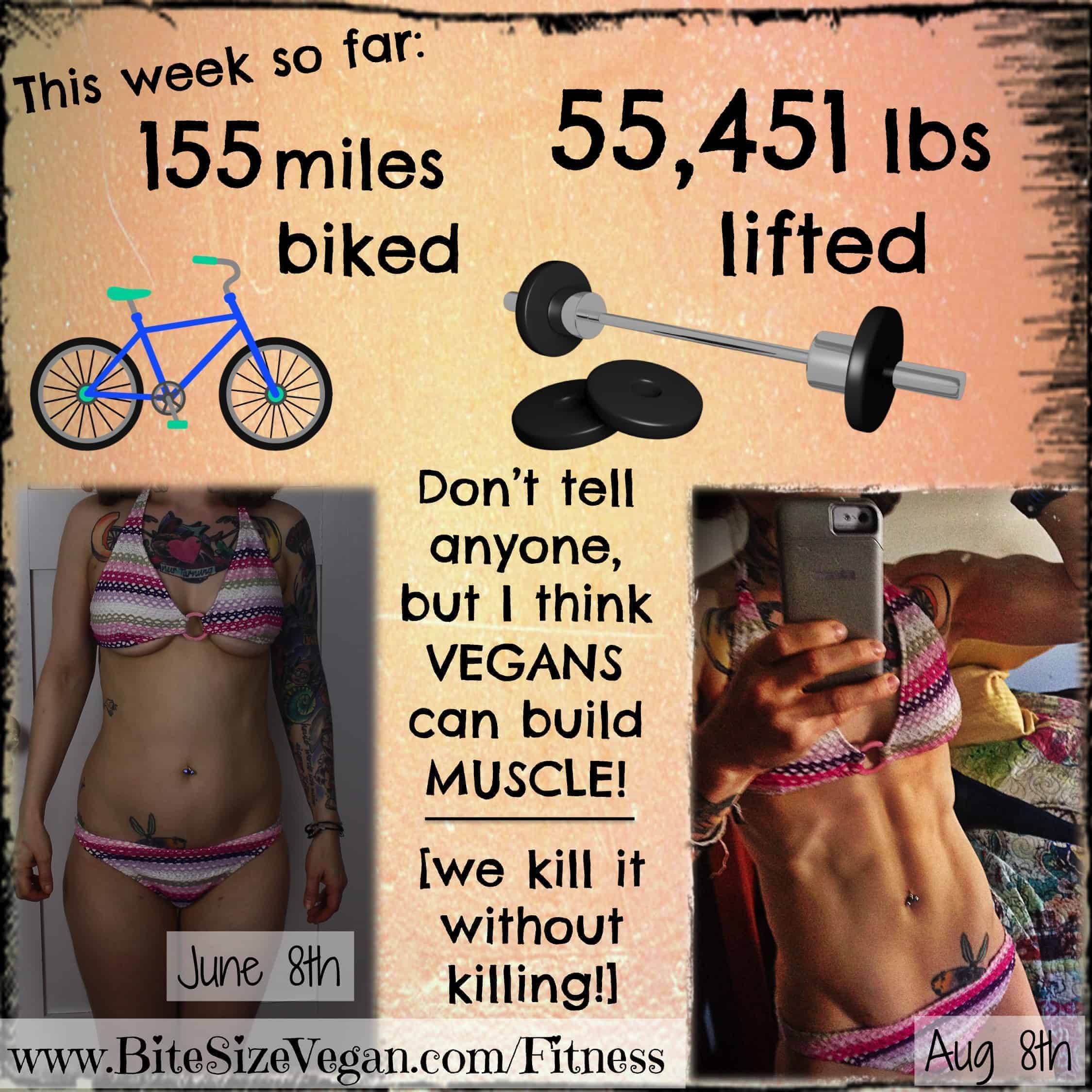A slide showing the miles cycled and the total weights lifted so far that week by Emily Moran Barwick of Bite Size Vegan In addition, the slide shows two images of Emily along with the text "Don't tell anyone but I think Vegans can build muscle! We kill it without killing!"