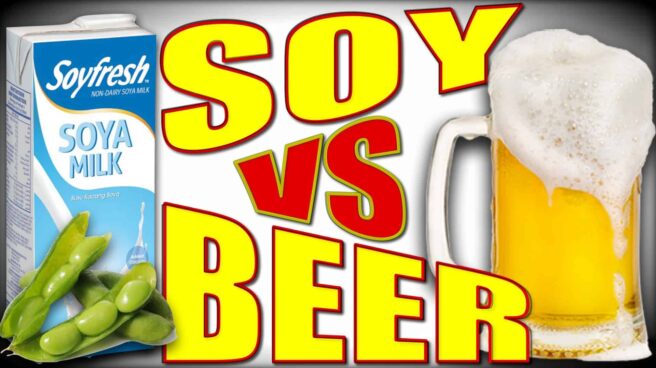A carton of soy milk is shown along side a tankard of foaming beer. Between the two are the words Soy versus Beer.