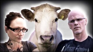 Emily Moran Barwick of Bite Size Vegan is shown on the left, author and vegan activist Gary Yourofsky on the right. Between the two is a close-up view of a beautiful white cow.