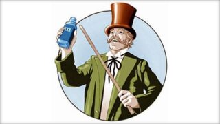 A graphical image of a person on Victorian dress is seen holding up a blue bottle with “XXX” written upon it. They are pointing at the bottle with a cane and appears to be proclaiming its benefits.