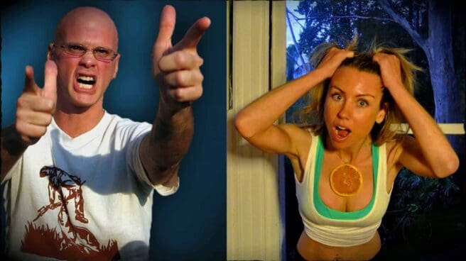 Vegan advocate Gary Yourofsky is shown on the left image. Freelee the Banana Girl on the right. Both appear to be extremely angry.