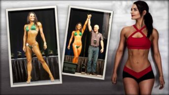 Vegan bikini athlete, Samantha Shorkey is shown three times. In the first, she is seen on stage, in a bikini athlete pose. In the second, she is along side another person that is holding her arm aloft as if declaring her the winner. In the last Image, Samantha is in a more relaxed pose.
