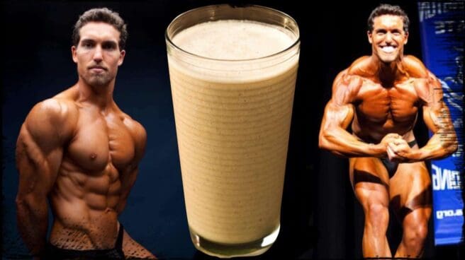 Vegan bodybuilder Derek Tresize is shown twice, once on the left, once on the right. In both he is in a body building pose, his muscles, taught and well defined. In the center is a glass of protein shake In cloe-up.