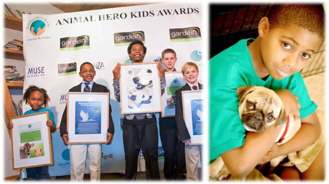 The image is split in two. On the left five winners of the “Animal Hero Kids” are shown on stage holding their certificates. On the right is a close-up of one of the winners cradling a pug dog to their chest.