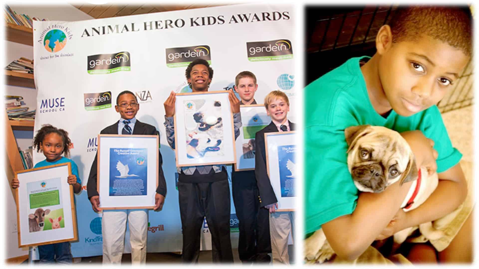 The image is split in two. On the left five winners of the “Animal Hero Kids” are shown on stage holding their certificates. On the right is a close-up of one of the winners cradling a pug dog to their chest.