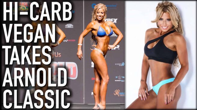Vegan athlete and bodybuilder Crissi Carvalho is shown twice, once on stage, posing, and once from a photoshoot. On the left on large white letters are the words “Hi-carb vegan takes Arnold classic”