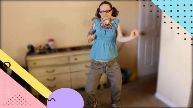 Emily Moran Barwick of Bite Size Vegan is seen dancing in her living room.