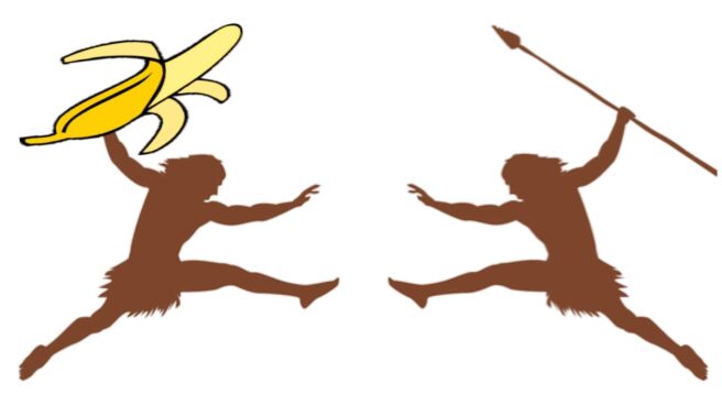 Two similar silhouettes are shown. Their outline would suggest they are of primitive man. They are leaping towards each other. The one on the right is holding a spear. The one on the left a banana.